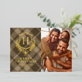 Brown Plaid Monogram Photo Christmas Folie Feestdagenkaart (Staand Voorkant)