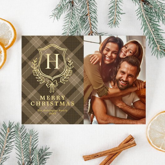Brown Plaid Monogram Photo Christmas Folie Feestdagenkaart