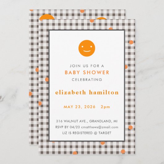 Brown Plaid & Orange Dots Baby Shower Invitation Kaart (Voorkant / Achterkant)