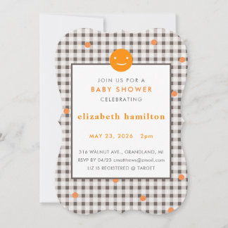 Brown Plaid & Orange Dots Baby Shower Invitation Kaart