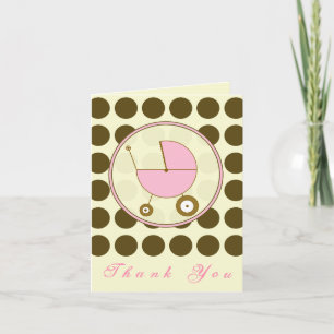 Brown Polka Dot / Roze Baby Carriage Dank u Bedankkaart