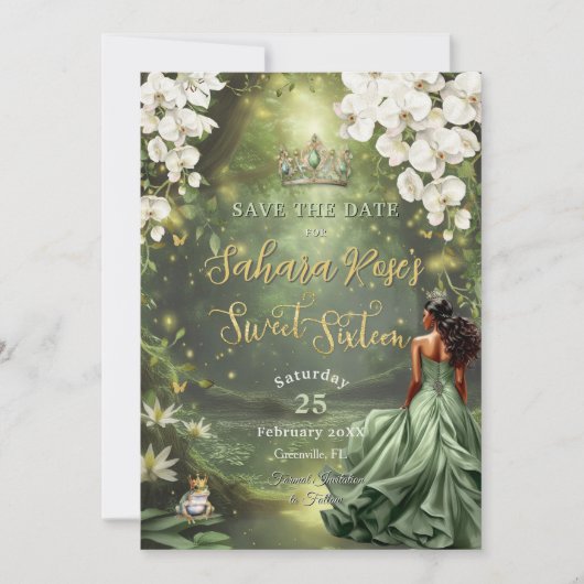 Brown Princess and Frog Sage Green Dress Sweet 16  Save The Date (Voorkant)