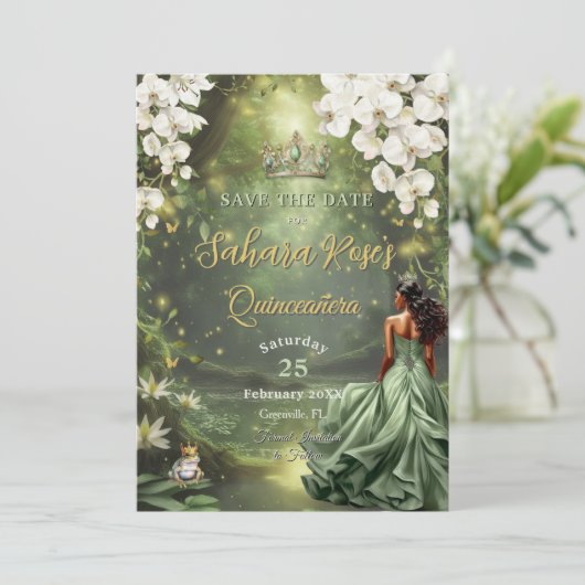 Brown Princess and Frog Sage Green Quinceanera 16 Save The Date (Staand voorkant)
