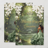 Brown Princess and Frog Sage Green Quinceanera 16 Save The Date (Voorkant / Achterkant)