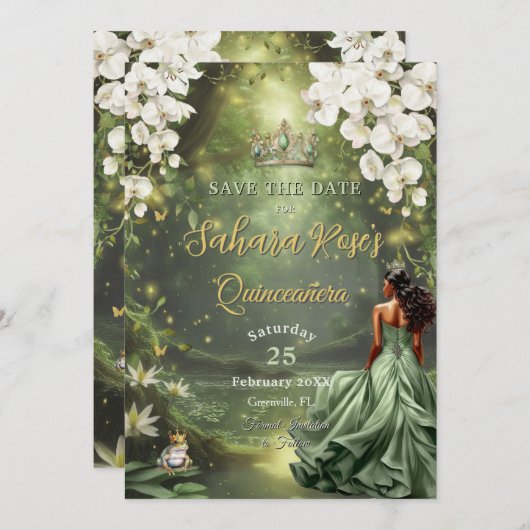 Brown Princess and Frog Sage Green Quinceanera 16 Save The Date (Voorkant / Achterkant)