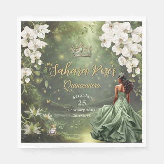 Brown Princess and Frog Sage Green Quinceanera 16 Servet (Voorkant)