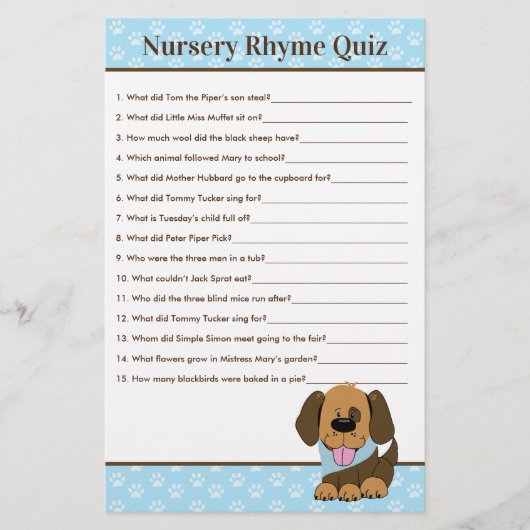 Brown Puppy Dog Boy Baby shower Nursery Rhyme Quiz (Voorkant)