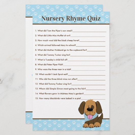 Brown Puppy Dog Boy Baby shower Nursery Rhyme Quiz (Voorkant / Achterkant)