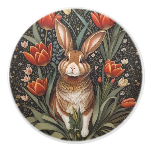 Brown Rabbit Red Tulips William Morris Inspired Keramische Knop (Voorkant)