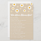 Brown Retro Daisy Wie Weet Mama Baby shower Spel Briefpapier (Voorkant / Achterkant)