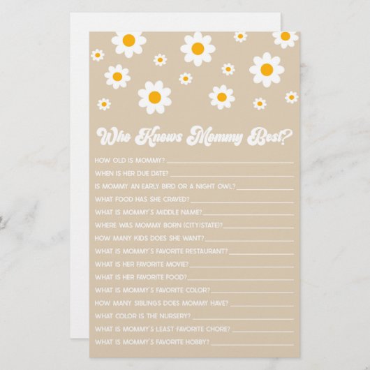 Brown Retro Daisy Wie Weet Mama Baby shower Spel Briefpapier (Voorkant / Achterkant)