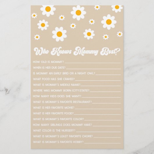 Brown Retro Daisy Wie Weet Mama Baby shower Spel Briefpapier (Voorkant)