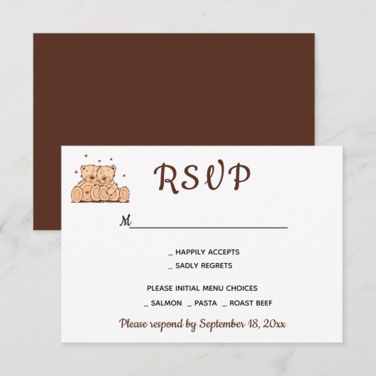 Brown RSVP Teddy Bears Love Wedding Party Kaartje (Voorkant / Achterkant)