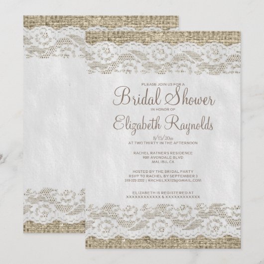 Brown Rustic Lace Bridal Shower Invitations Kaart (Voorkant / Achterkant)