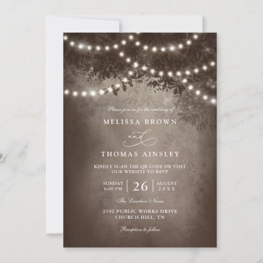 Brown Rustic Tree String Lights QR Code Wedding Kaart (Voorkant)