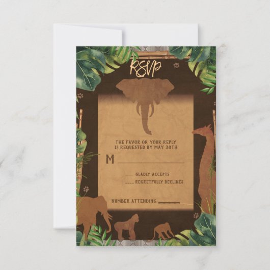 Brown Safari Oerwoud Zoo Animals Wedding RSVP (Voorkant)