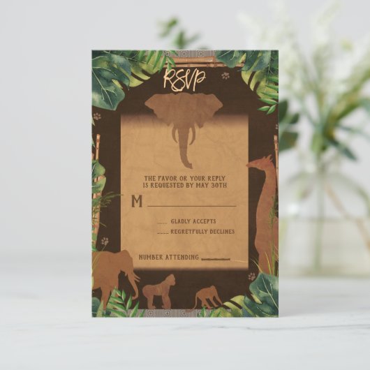Brown Safari Oerwoud Zoo Animals Wedding RSVP (Staand voorkant)