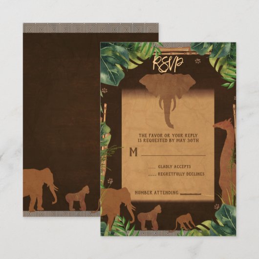 Brown Safari Oerwoud Zoo Animals Wedding RSVP (Voorkant / Achterkant)