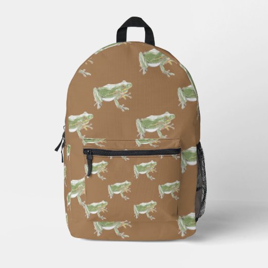 Brown Sage Green Waterverf Frog Pattern Bedrukte Rugzak (Voorkant)