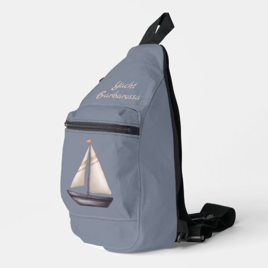 Brown Sailing Boat and Name on Gray Sling Bag (Rechterhoek)