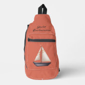 Brown Sailing Boat and Name on Red Sling Bag (Voorkant)