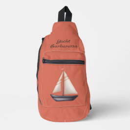 Brown Sailing Boat and Name on Red Sling Bag
