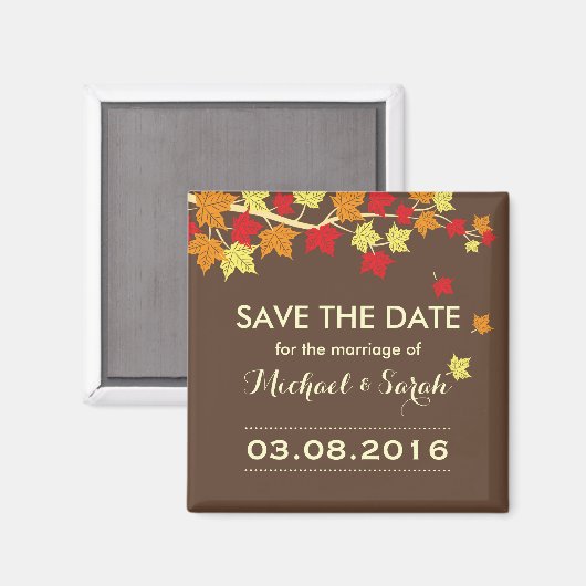 Brown Save the Date Maple Leaf Fall Wedding Magnet (Voorkant / Achterkant)