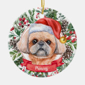 Brown Shih Tzu Custom Santa Dog kerstversiering Keramisch Ornament (Voorkant)