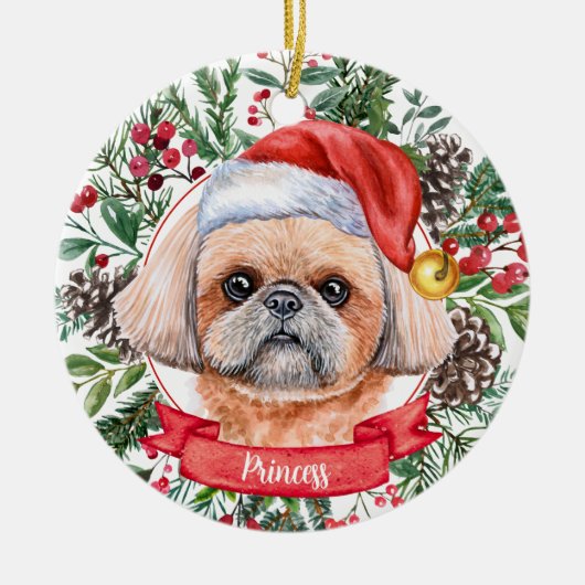 Brown Shih Tzu Custom Santa Dog kerstversiering Keramisch Ornament (Voorkant)