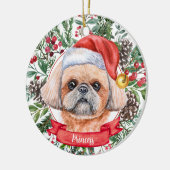 Brown Shih Tzu Custom Santa Dog kerstversiering Keramisch Ornament (Links)