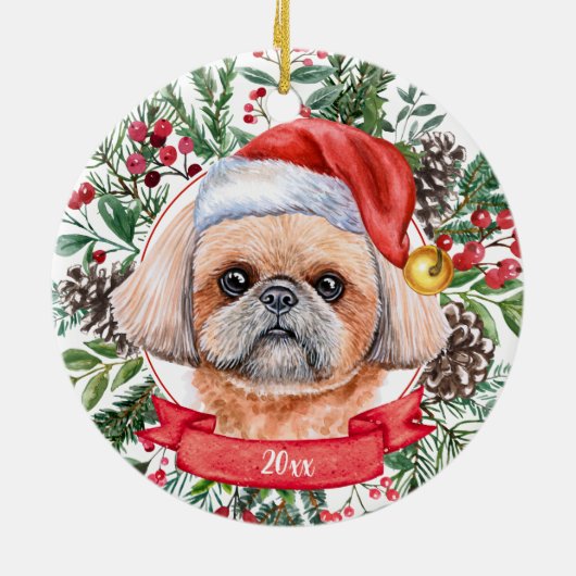 Brown Shih Tzu Custom Santa Dog kerstversiering Keramisch Ornament (Achterkant)