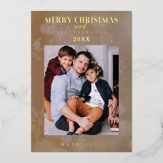 Brown Snowflake Christmas Modern Custom Photo Folie Uitnodiging (Voorkant)