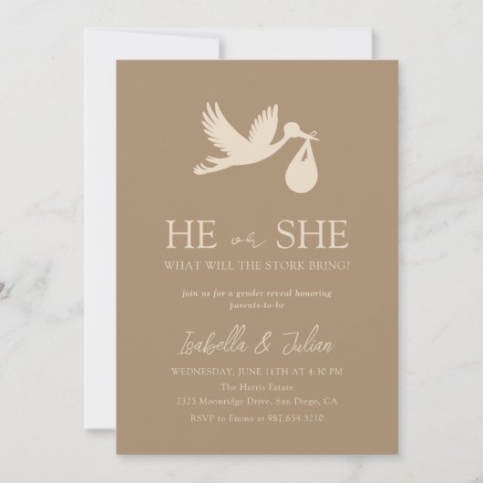 Brown Stork Baby Delivery Hij of zij Gender Reveal Kaart (Voorkant)