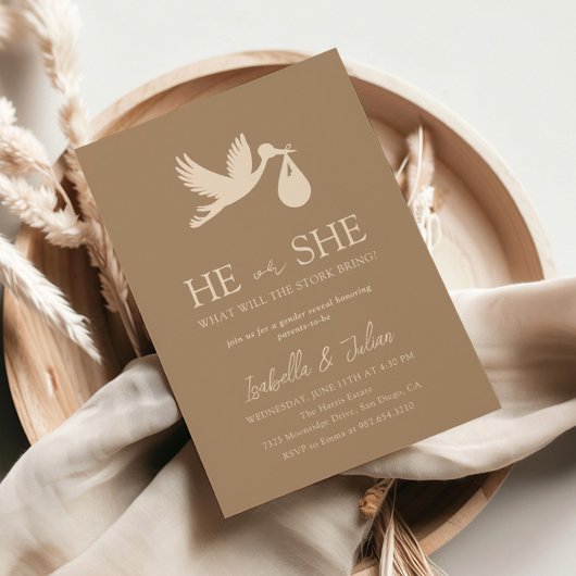 Brown Stork Baby Delivery Hij of zij Gender Reveal Kaart