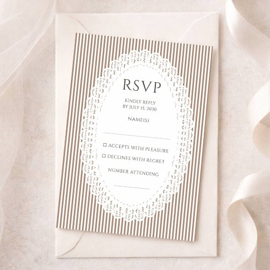 Brown Stripe Lace Doily Wedding RSVP Enclosure Informatiekaartje