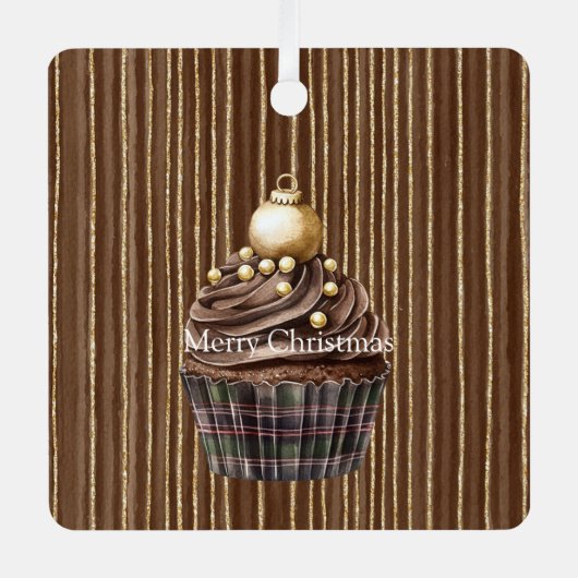 Brown Stripes Gold Ornament Christmas Cupcake   (Voorkant)