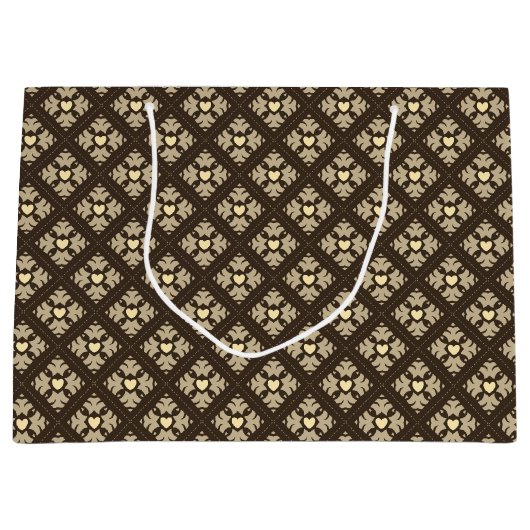 Brown & Tan Deco Hearts Patterned Groot Cadeauzakje (Voorkant)