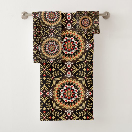Brown Tan en Rust Folk Art Floral Bad Handdoek (Insitu)
