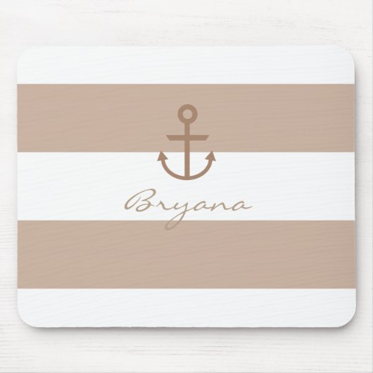 Brown Taupe & White Striped Anchor Mouse Pad Muismat (Voorkant)
