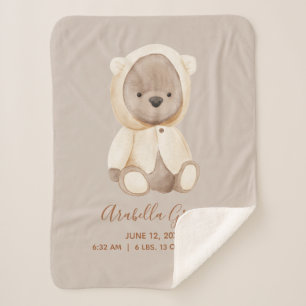 Brown Teddy Bear Baby Birth Stats Sherpa Deken