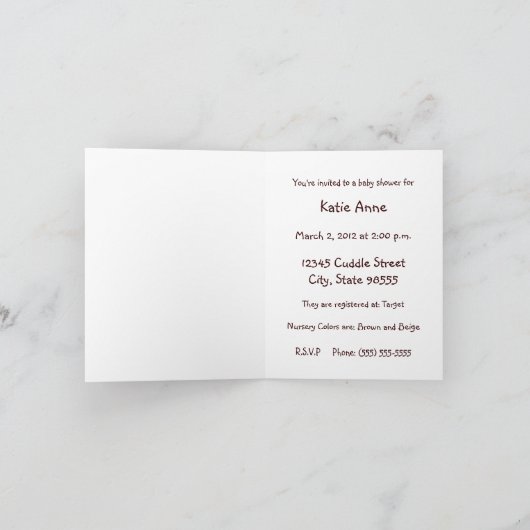 Brown Teddy Bear Baby shower Invitation Kaart (Binnen)