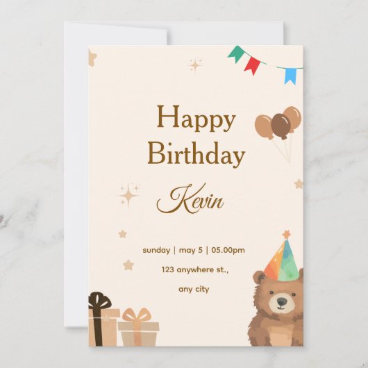 Brown Teddy Bear Birthday Invitation,Cute Neutral  Kaart (Voorkant)