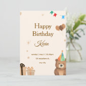 Brown Teddy Bear Birthday Invitation,Cute Neutral  Kaart (Staand voorkant)