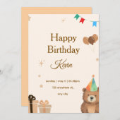 Brown Teddy Bear Birthday Invitation,Cute Neutral  Kaart (Voorkant / Achterkant)