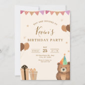 Brown Teddy Bear Birthday Invitation, Cute Neutral Kaart (Voorkant)
