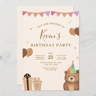 Brown Teddy Bear Birthday Invitation, Cute Neutral Kaart