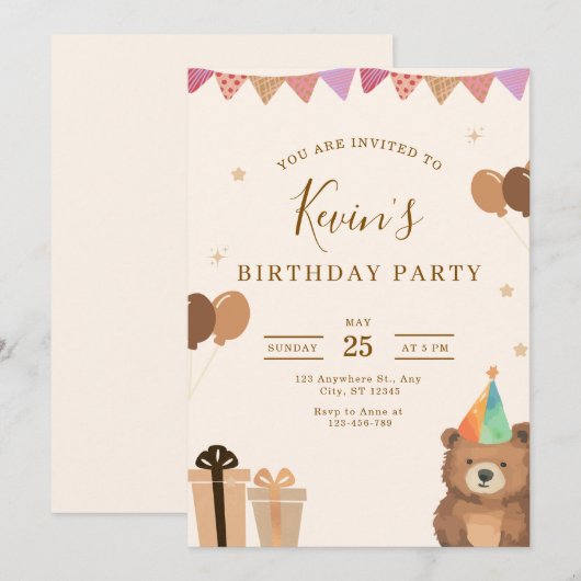 Brown Teddy Bear Birthday Invitation, Cute Neutral Kaart (Voorkant / Achterkant)