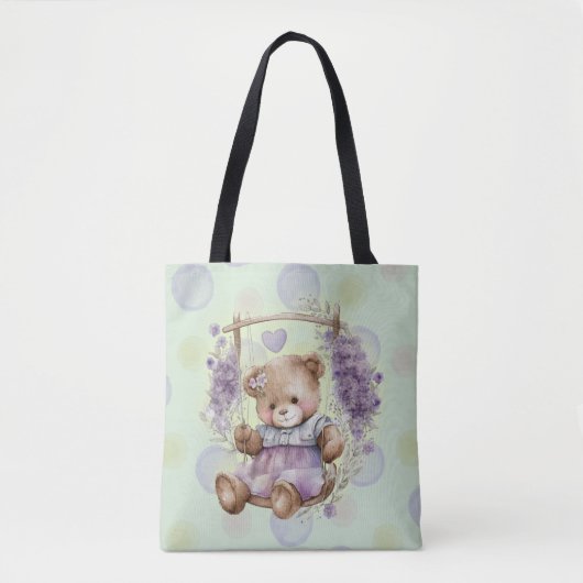Brown Teddy Bear Swinging Lavender Dress Tote Bag (Voorkant)