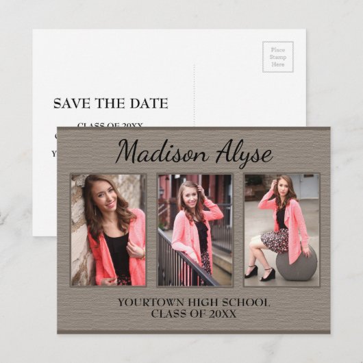 Brown Three Photo Afstuderen Save Date Briefkaart (Voorkant / Achterkant)
