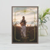 Brown Trendy Lace Flourish Initials Wedding Photo Save The Date (Staand voorkant)